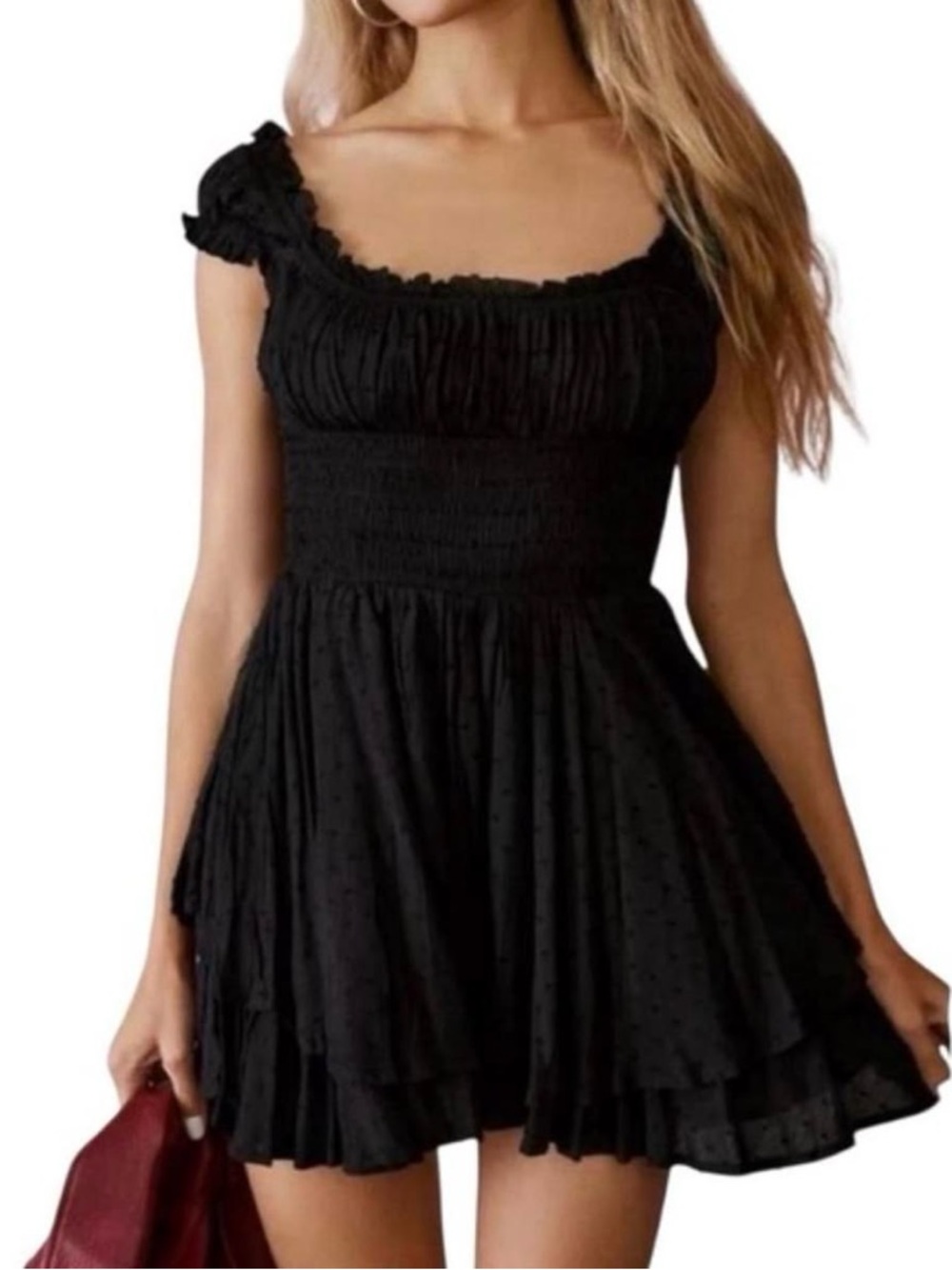 Black Ruffle-Sleeve Smocked Mini Dress